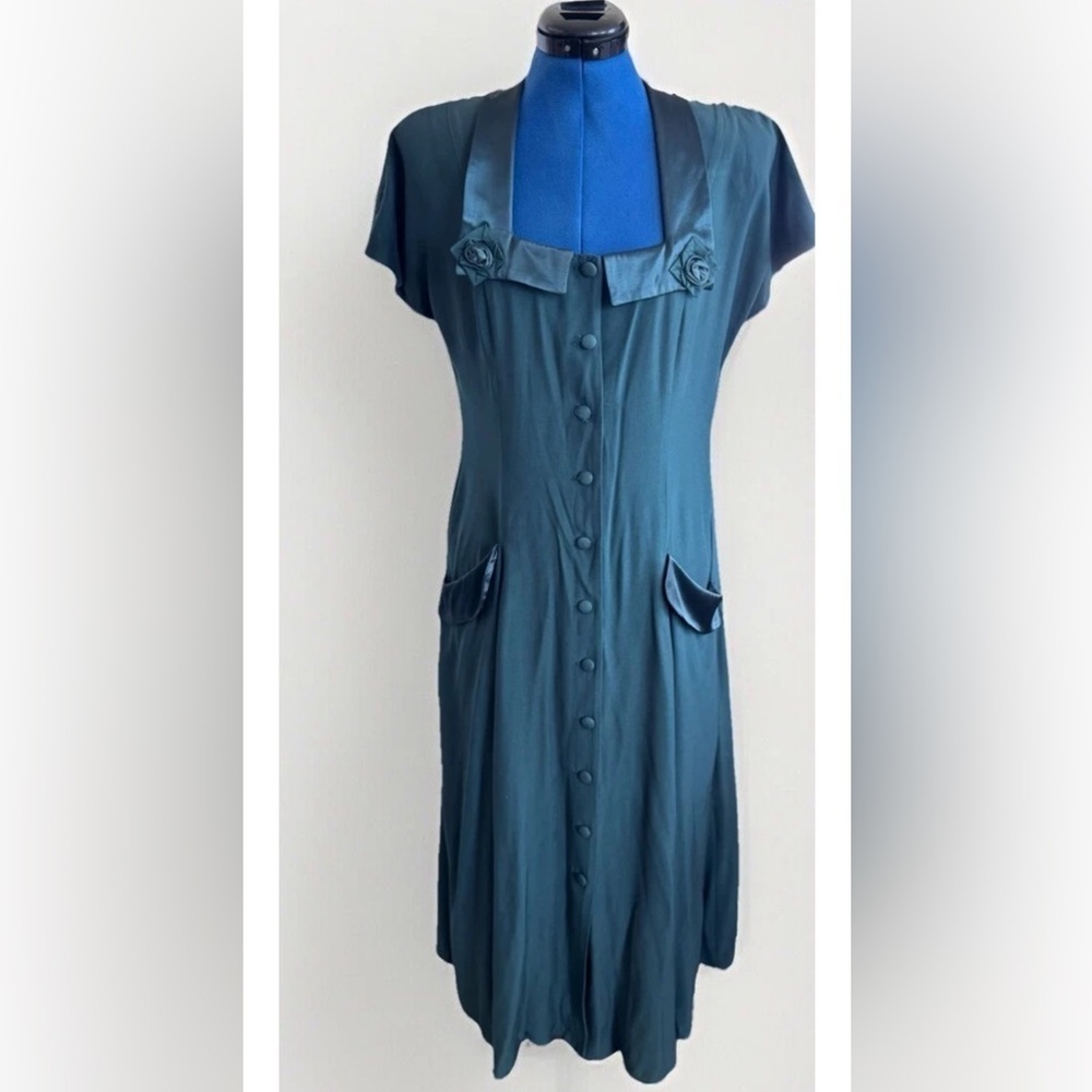 Vintage 90s Y2K Wild Rose Green Floral Button Tea Cottage Core Prairie Dress 10